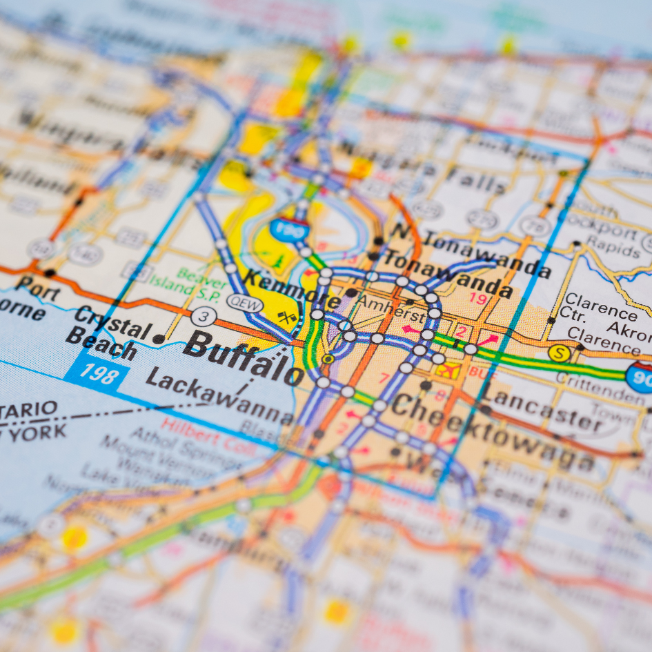 A map showcasing the areas covering Toronto and Buffalo, highlighting key routes and connections.